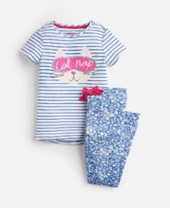 203150-BLUSTPCATN Blue and white striped pajama with cat image  97% cotton 3% elastane  1 through 12
